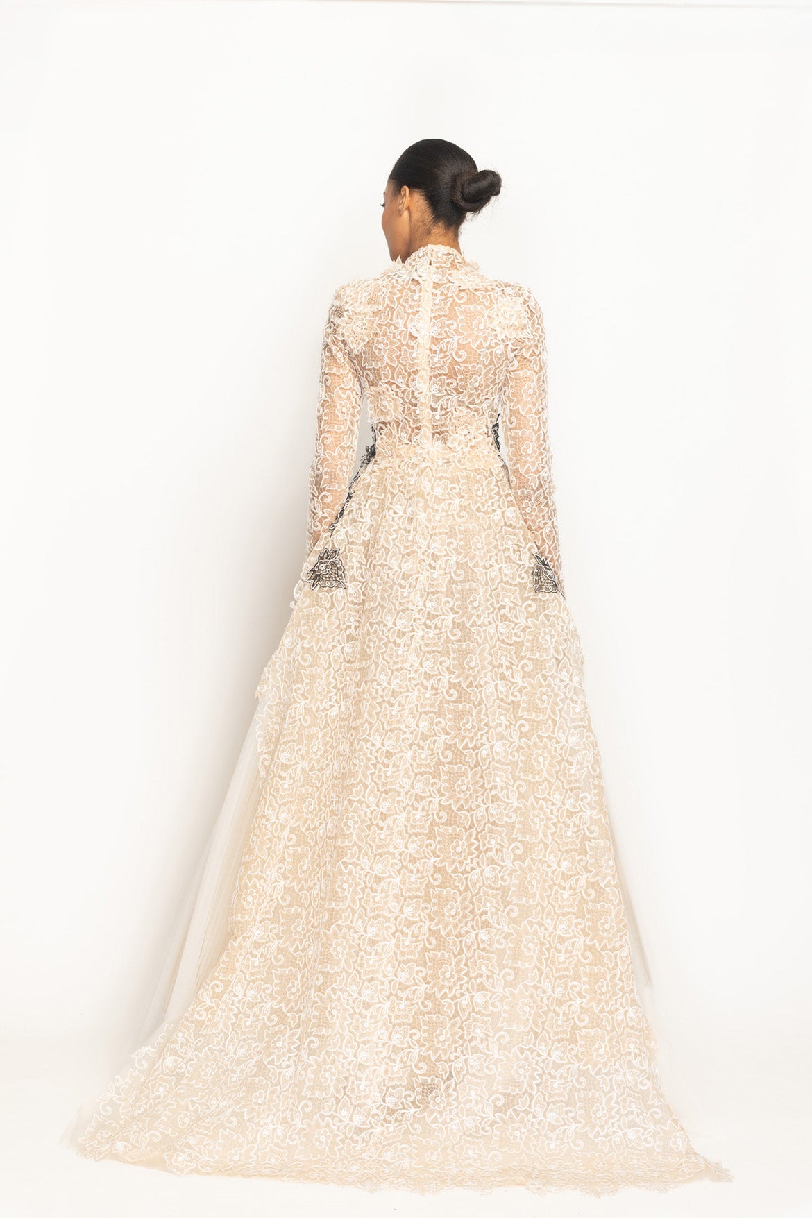 Light Sand Belle Fleur Lace and Tulle Gown with Onyx Lace Appliqué Back