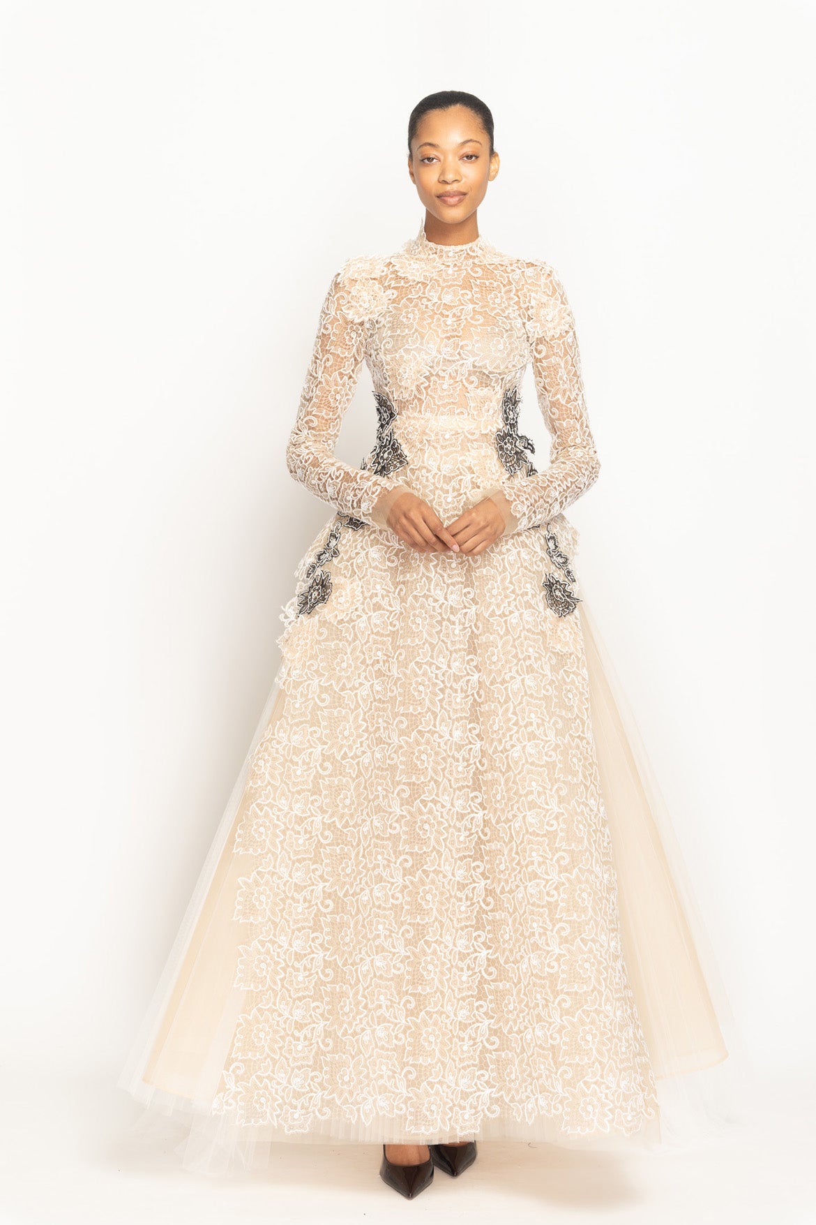 Light Sand Belle Fleur Lace and Tulle Gown with Onyx Lace Appliqué Front