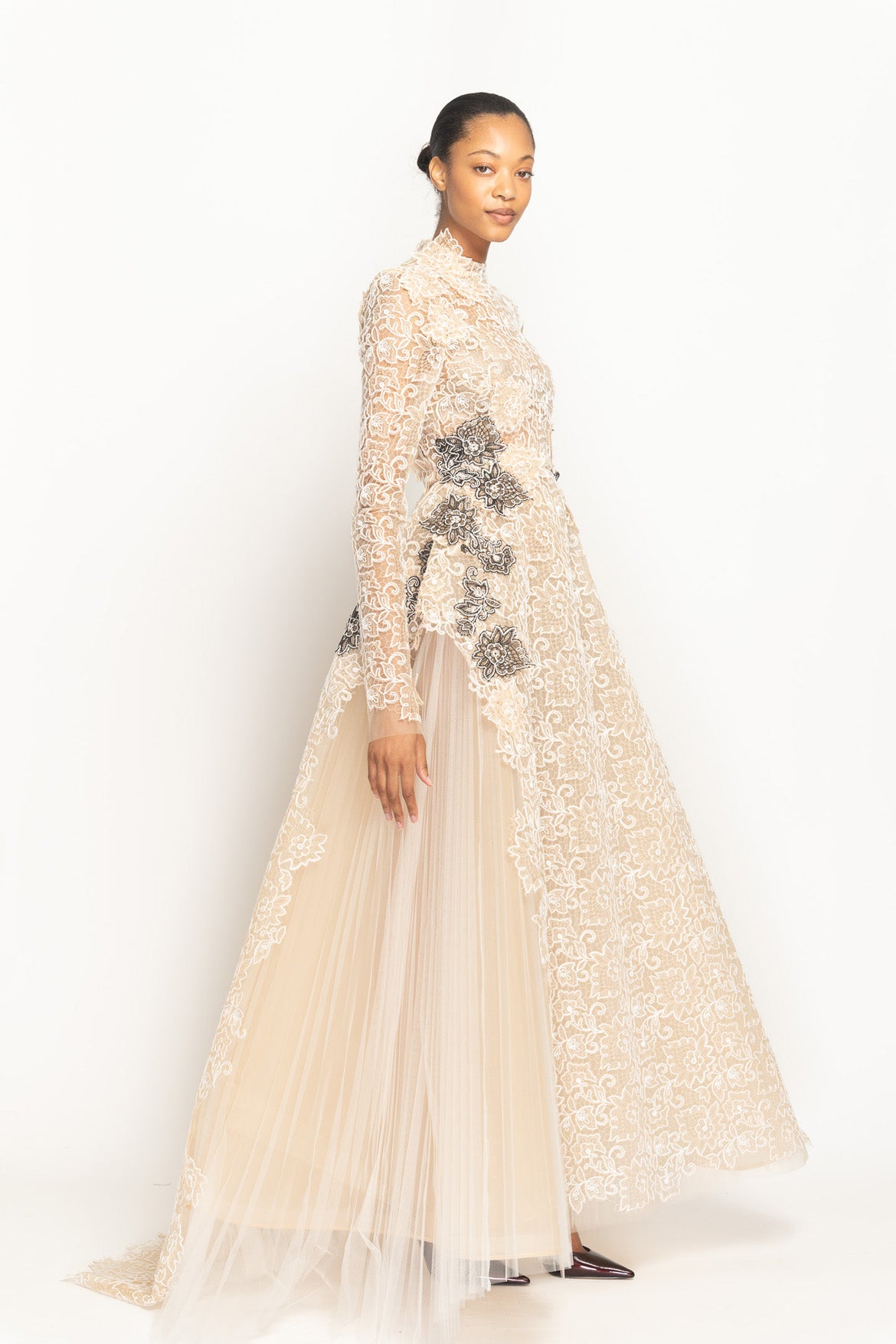 Light Sand Belle Fleur Lace and Tulle Gown with Onyx Lace Appliqué Side One