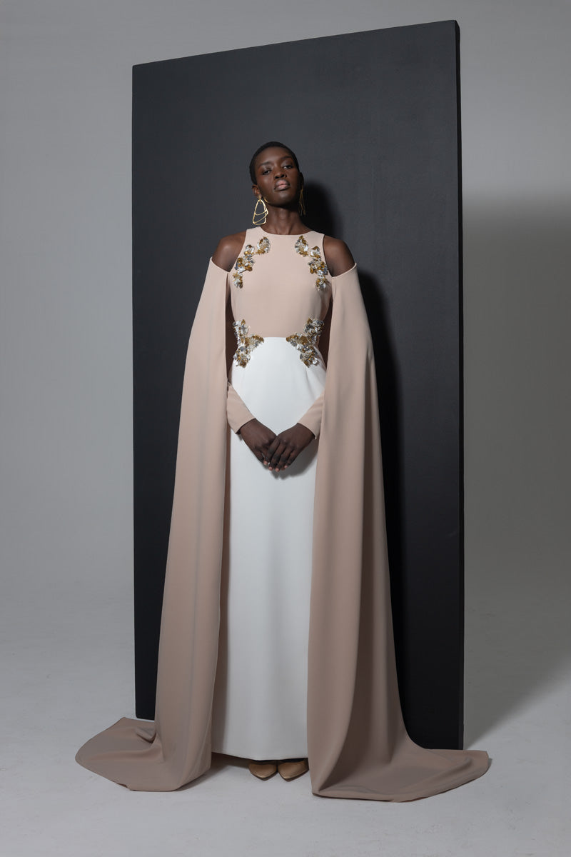 Color Blocked Ponte Crepe Gown with Crystal Fleur Embroidery and Off Shoulder Cape Front Runway