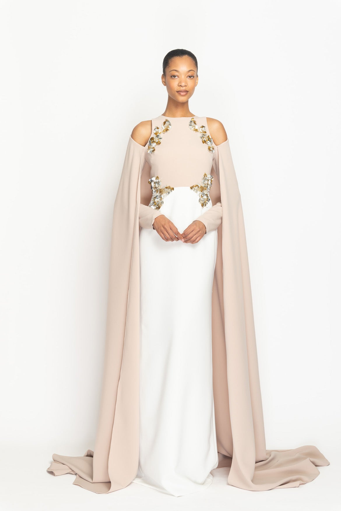 Color Blocked Ponte Crepe Gown with Crystal Fleur Embroidery and Off Shoulder Cape Front