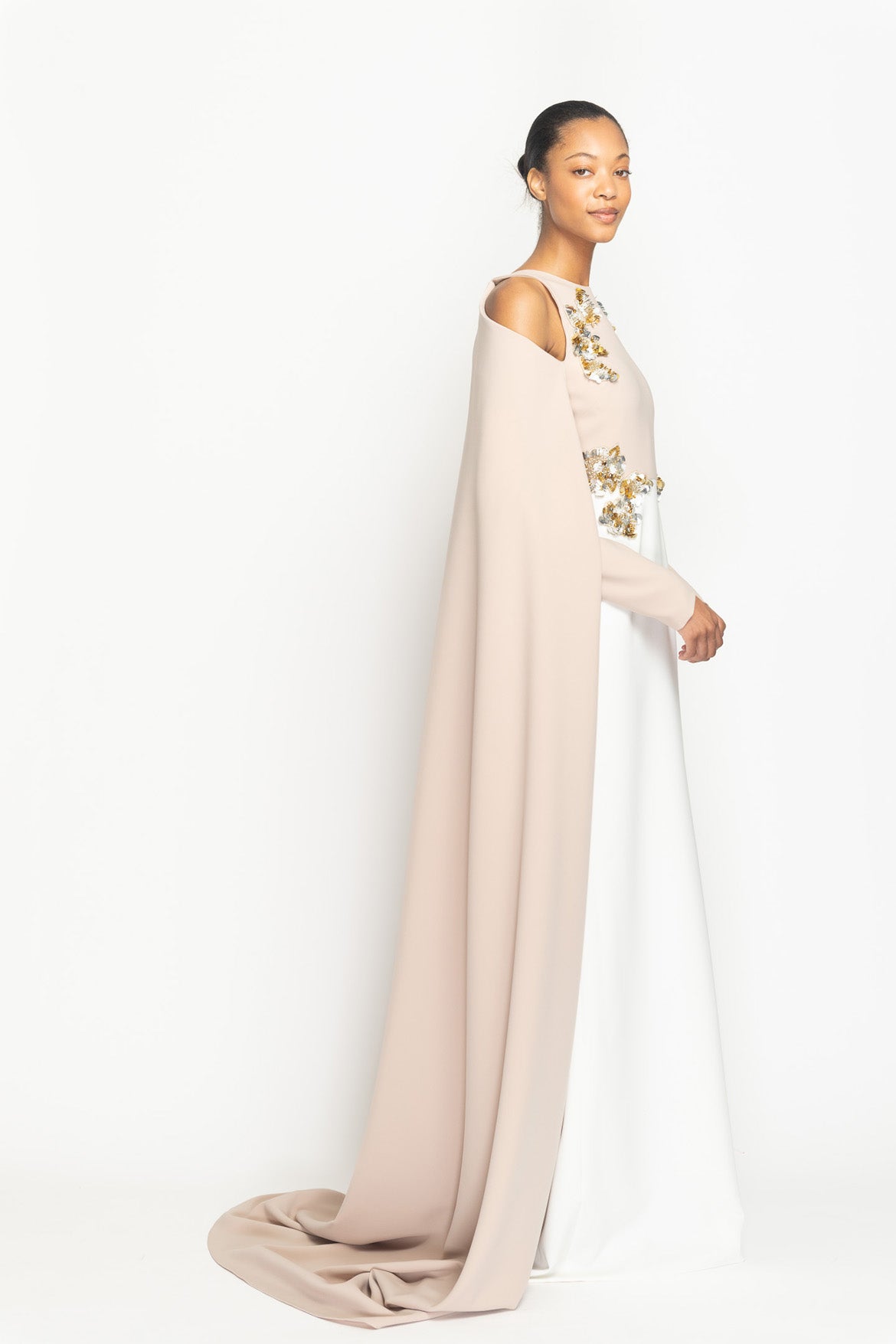 Color Blocked Ponte Crepe Gown with Crystal Fleur Embroidery and Off Shoulder Cape Side One