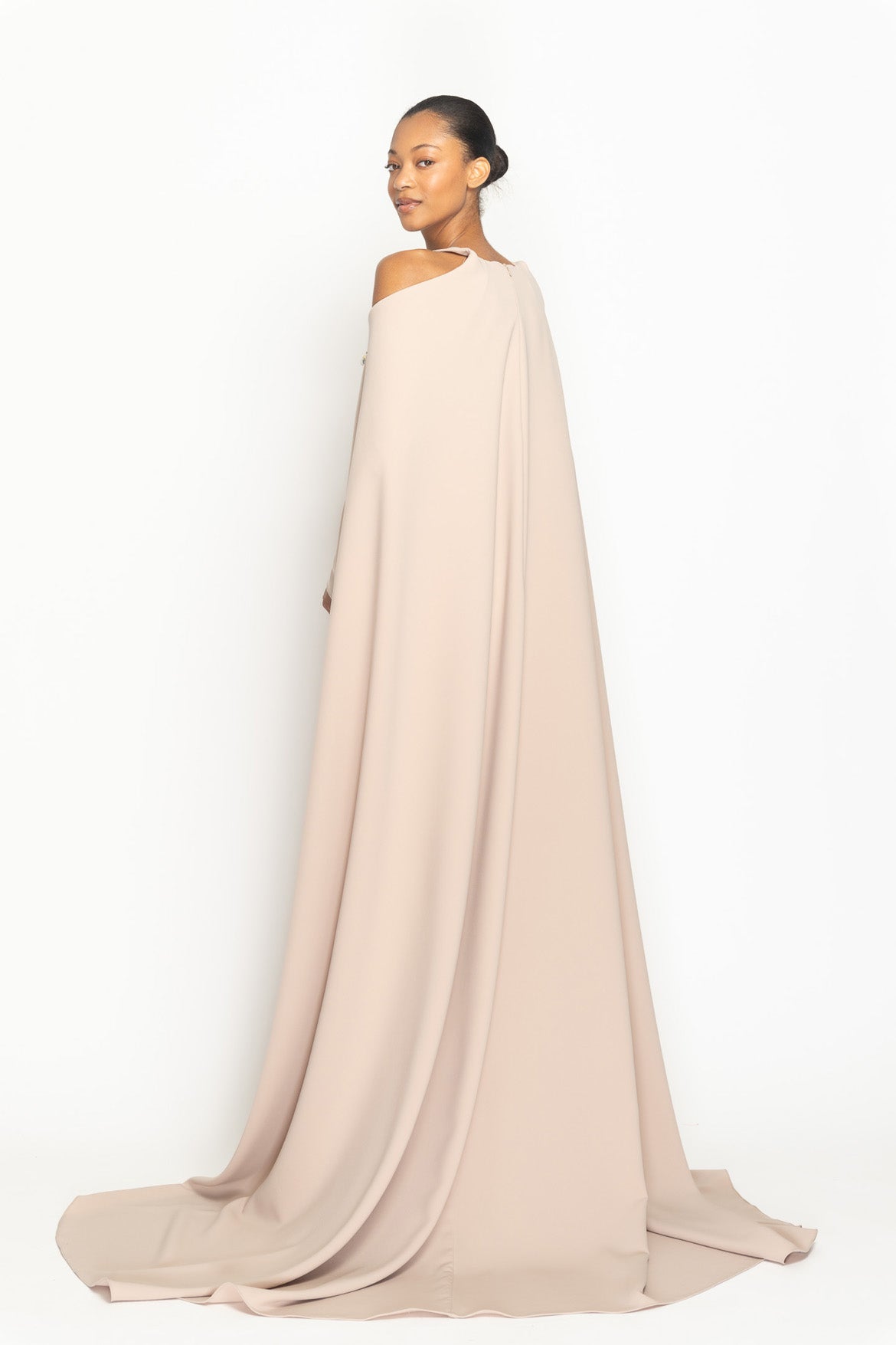 Color Blocked Ponte Crepe Gown with Crystal Fleur Embroidery and Off Shoulder Cape Side Two
