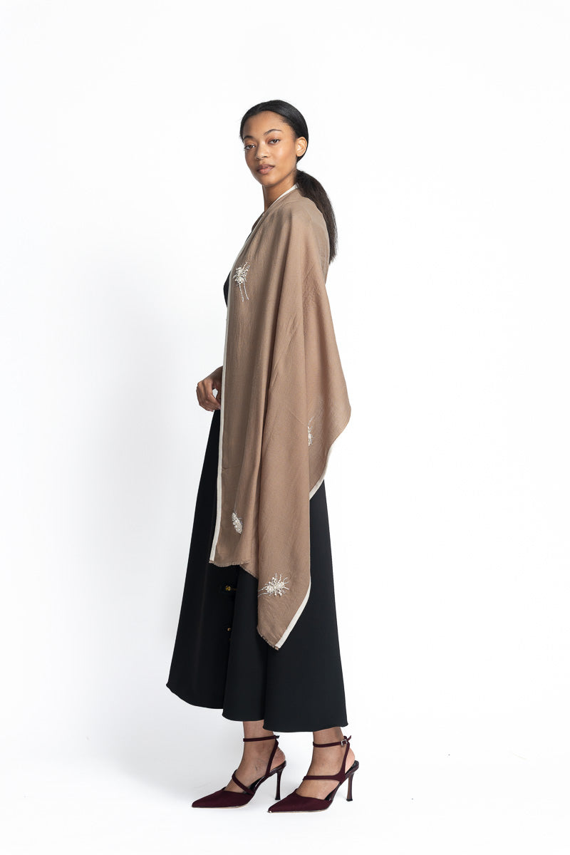 Soft Brown Cashmere Scarf with Embroidery