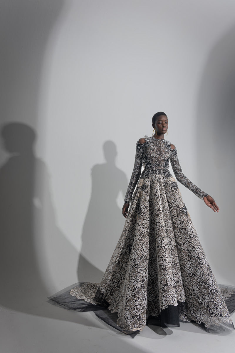 Onyx and Light Sand Belle Fleur Lace and Tulle Ball Gown with Open Shoulder Front Runway