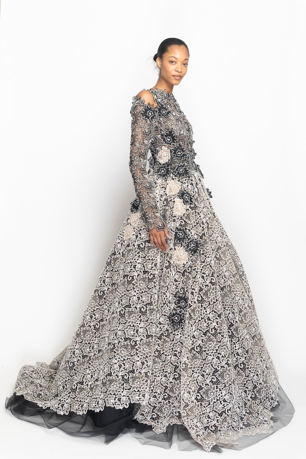Onyx and Light Sand Belle Fleur Lace and Tulle Ball Gown with Open Shoulder Side One