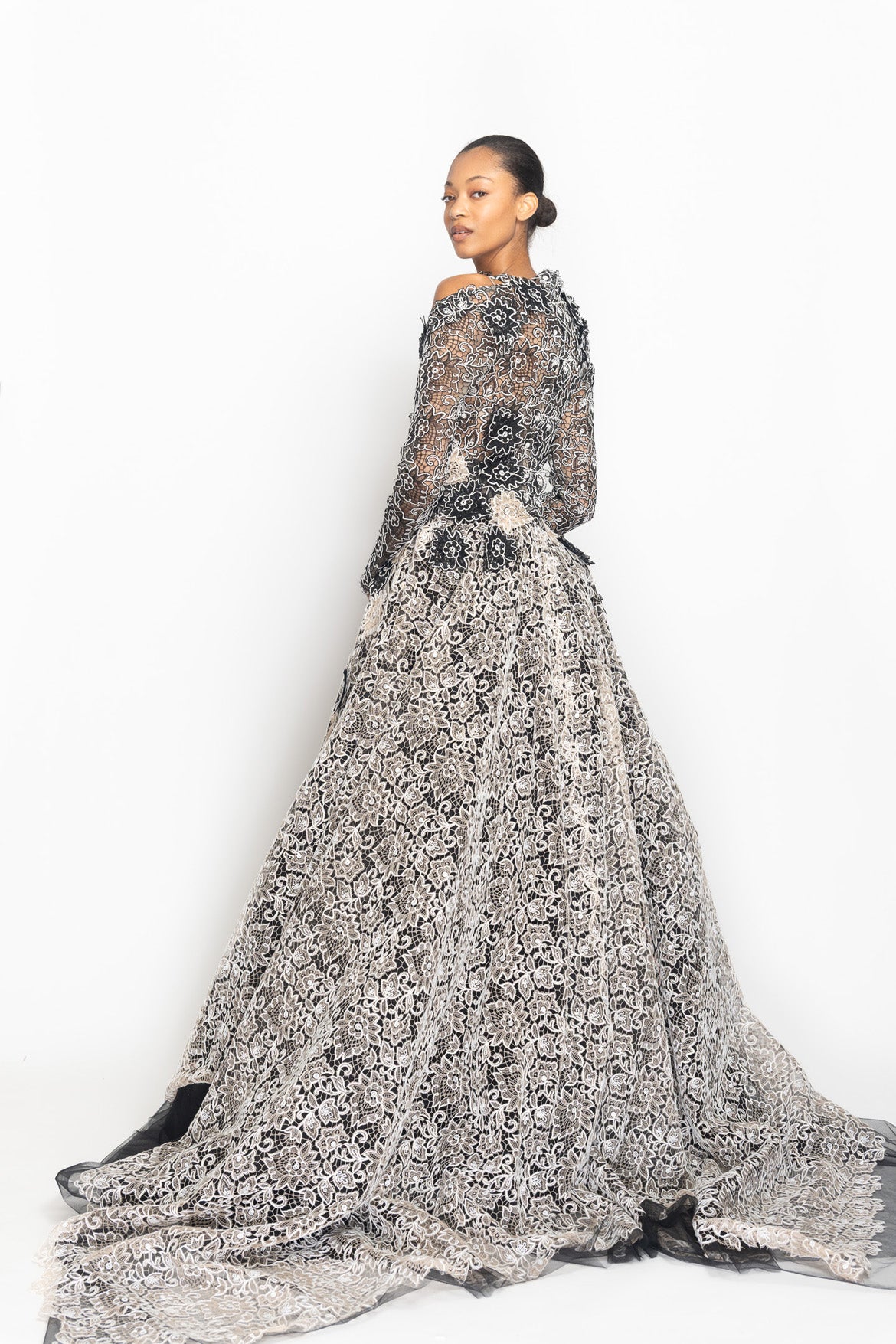 Onyx and Light Sand Belle Fleur Lace and Tulle Ball Gown with Open Shoulder Side Two