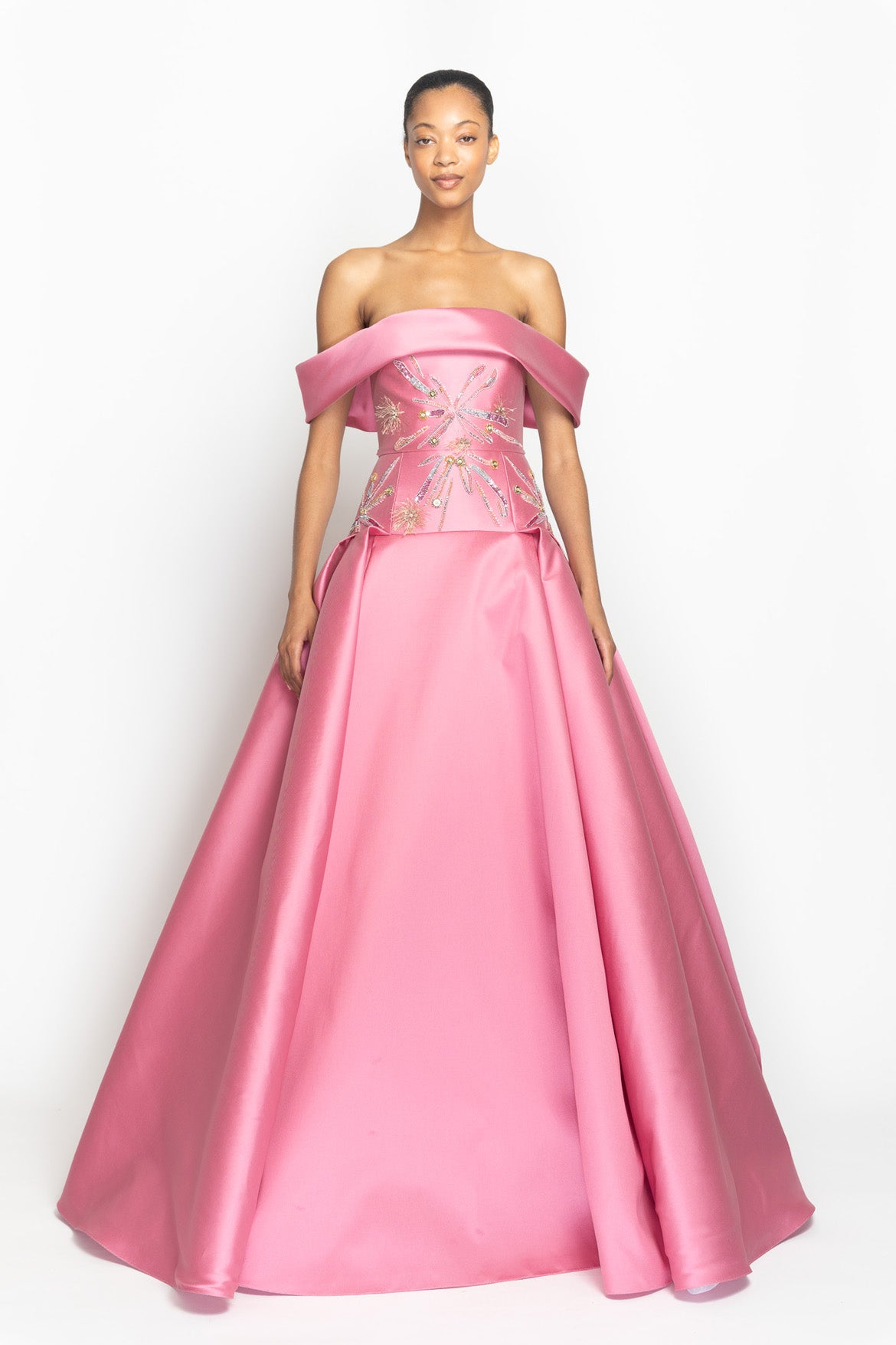 Wild Rose Barathea Ball Gown with Crystal Radicle Embroidery and Shoulder Drape Front