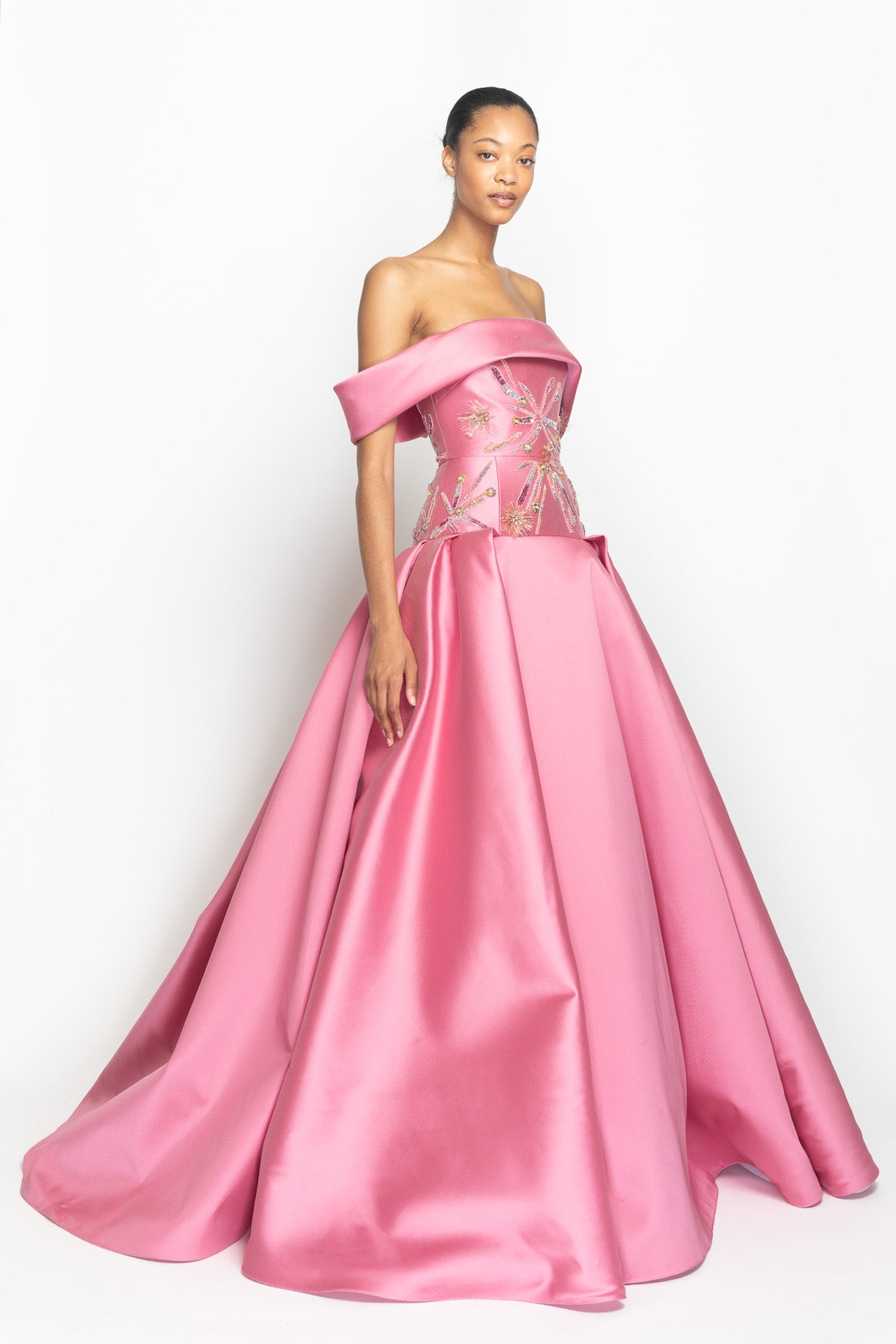 Wild Rose Barathea Ball Gown with Crystal Radicle Embroidery and Shoulder Drape Side One