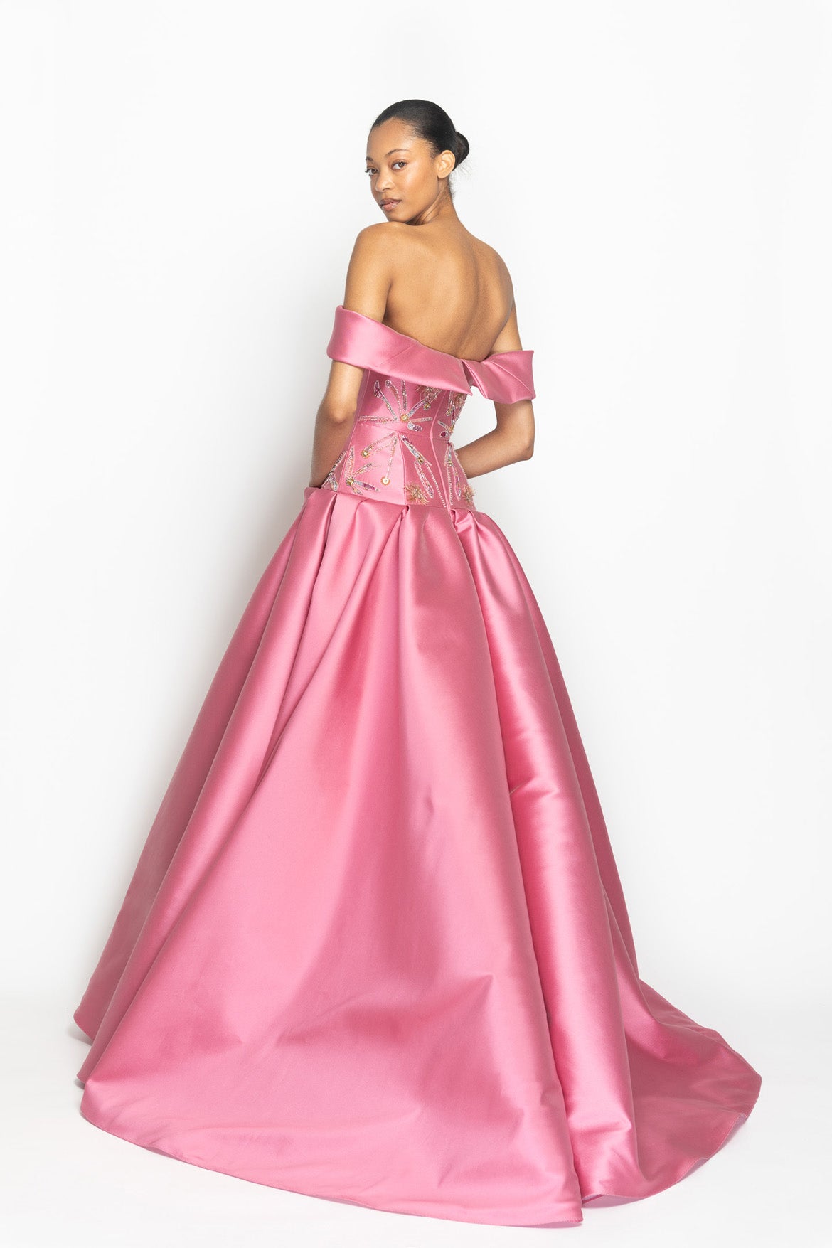 Wild Rose Barathea Ball Gown with Crystal Radicle Embroidery and Shoulder Drape Side Two