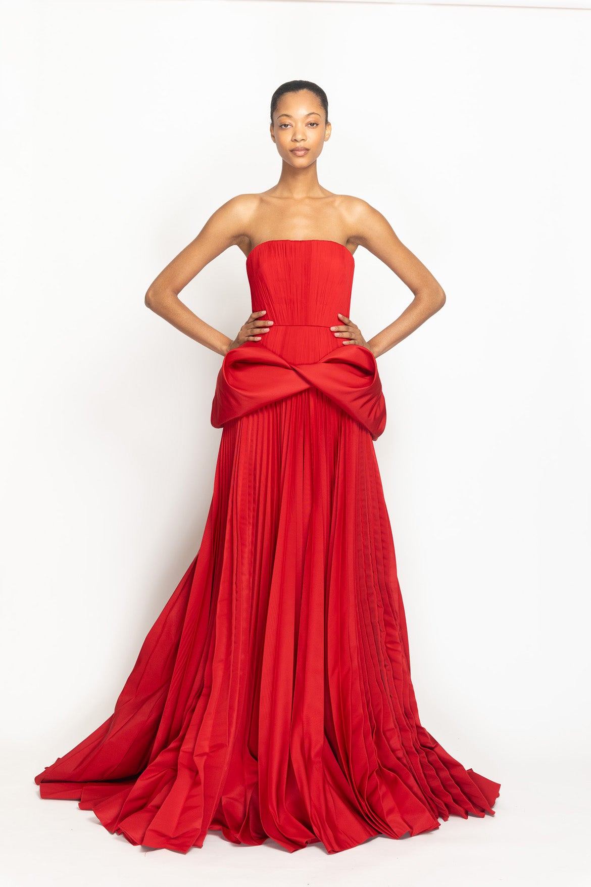 Sindoor Faille and Pleated Chiffon Strapless Gown with Moulded Hip Drape and Pleated Skirt Front