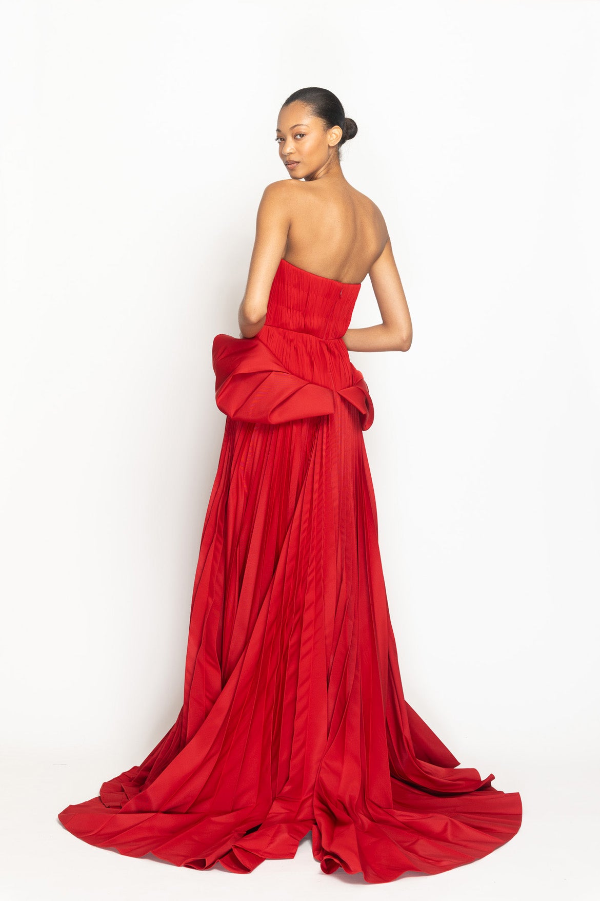 Sindoor Faille and Pleated Chiffon Strapless Gown with Moulded Hip Drape and Pleated Skirt Side Two