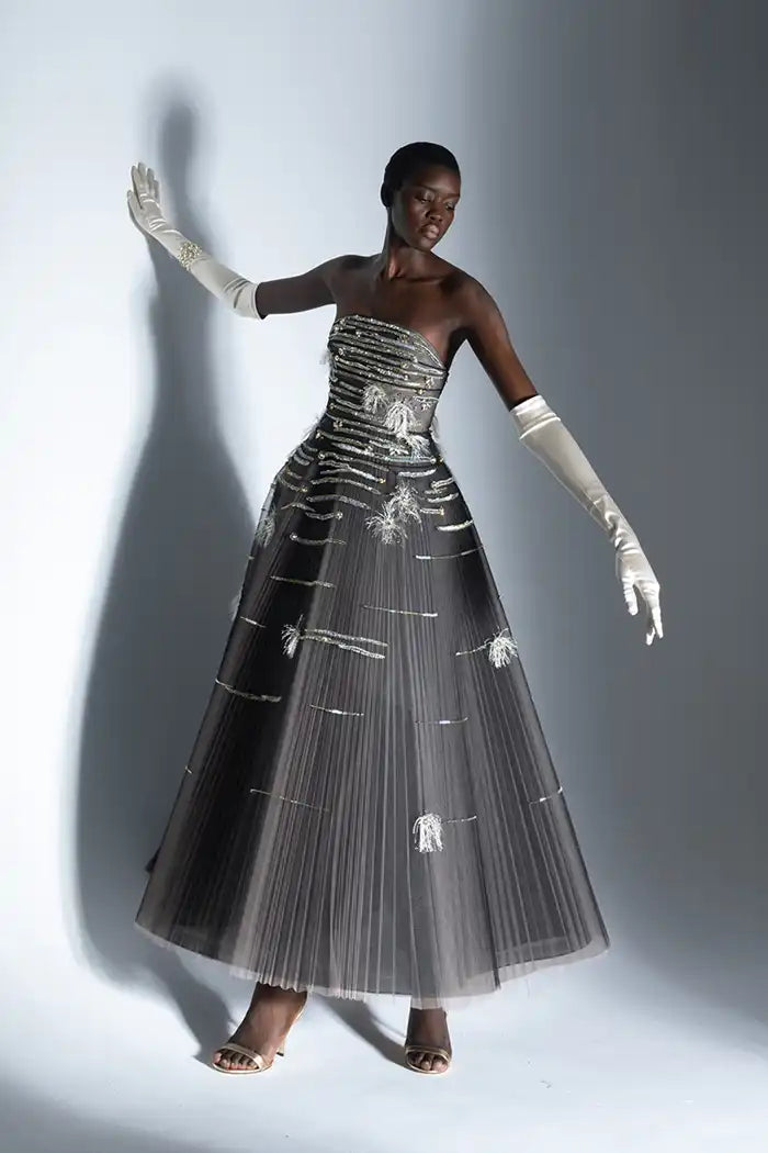 Onyx and Blush Tulle Strapless Ball Gown with Crystal Radicle Embroidery