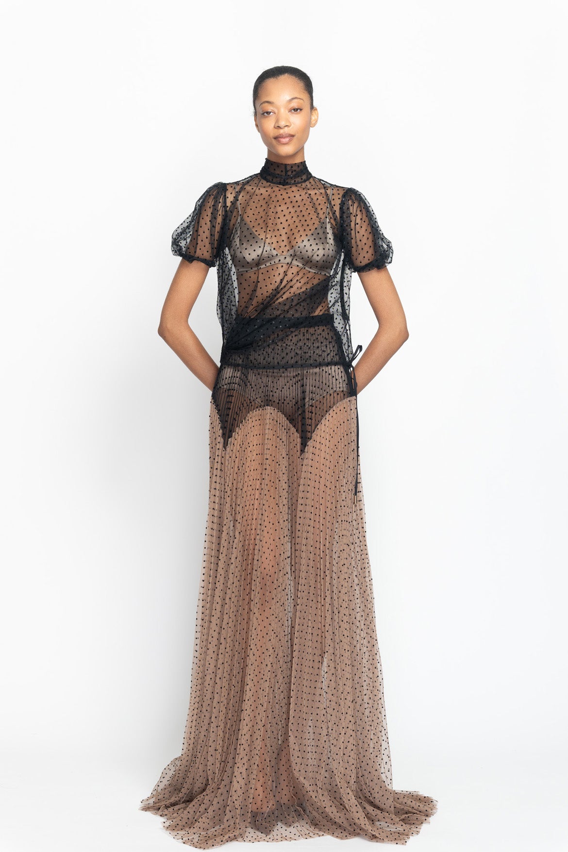 Onyx Point d’Esprit Puff Sleeve Top with Neck Tie Detail Front