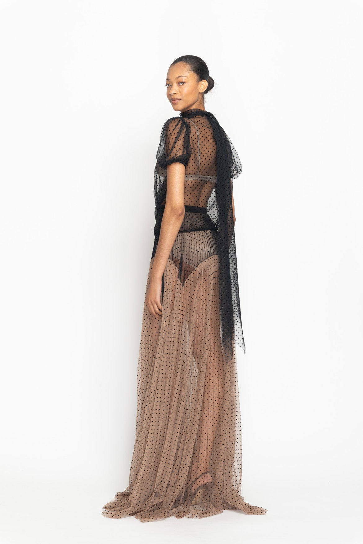 Onyx Point d’Esprit Puff Sleeve Top with Neck Tie Detail Side Two