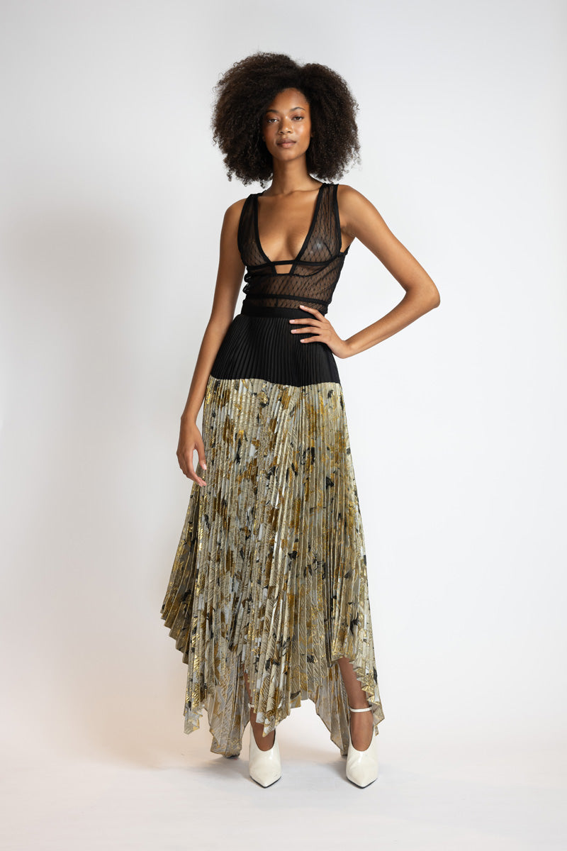 Marble And Organza Pleated Skirt With Asymmetrical Hem 2