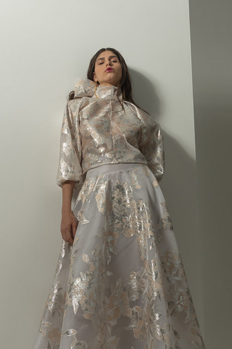 Botanical Organza Jacquard Blouse with Bow Tie Detail