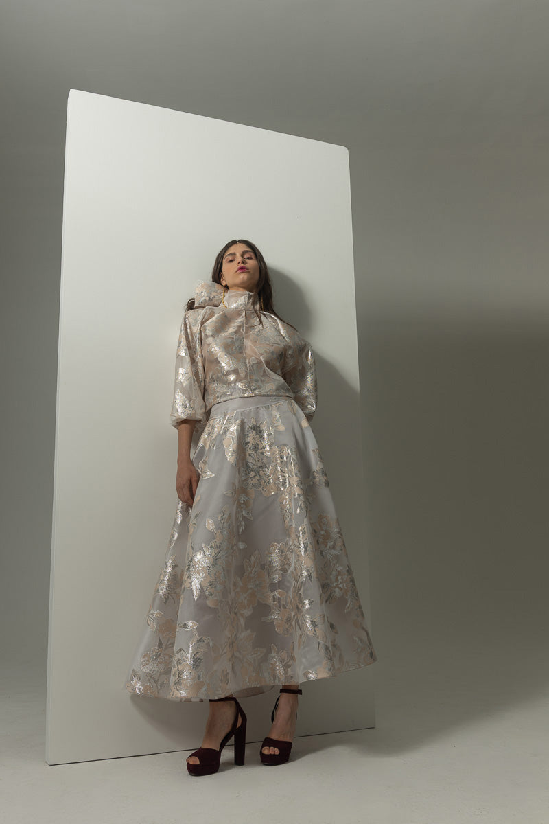 Botanical Organza Jacquard Blouse with Bow Tie Detail Front Runway