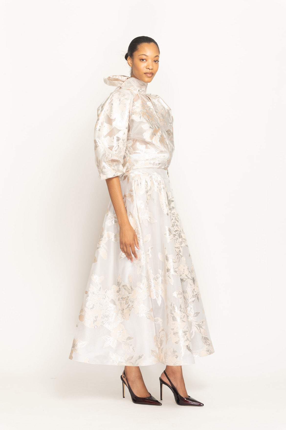Botanical Organza Jacquard Flared Skirt Side One
