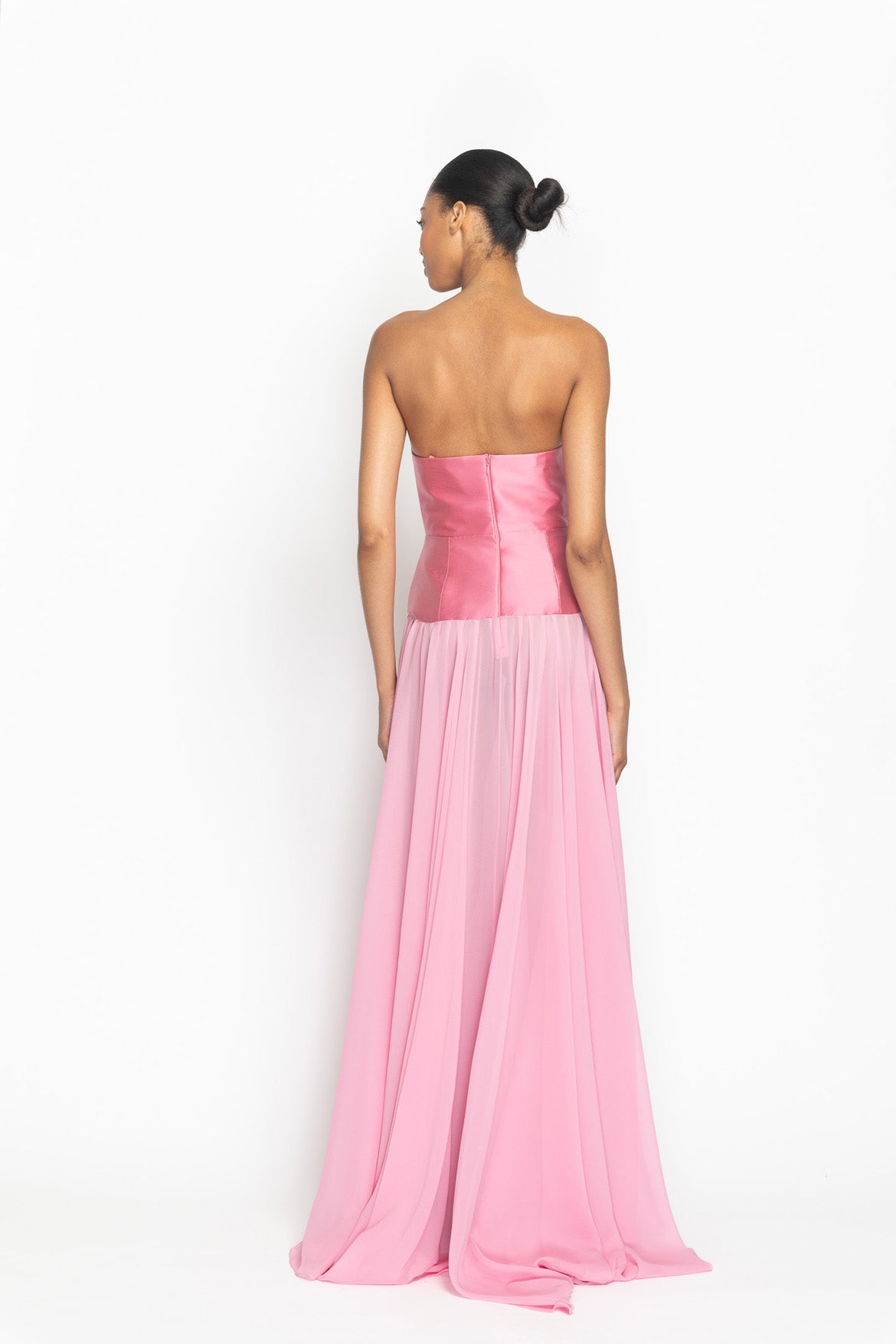 Wild Rose Strapless Barathea Gown with Crystal Fleur Embroidered Bustier and Pleated Chiffon Skirt Back