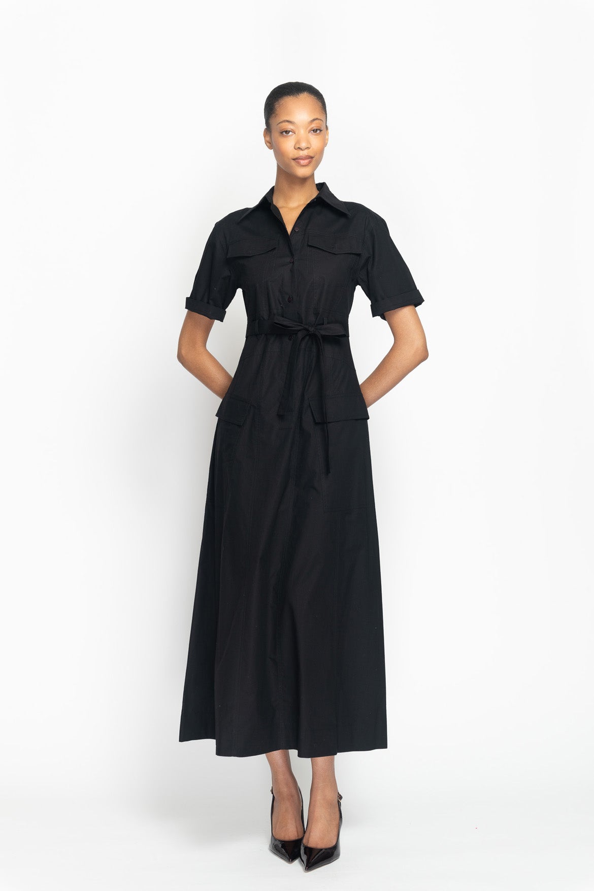 Onyx Cotton Poplin Safari Day Dress Front Runway