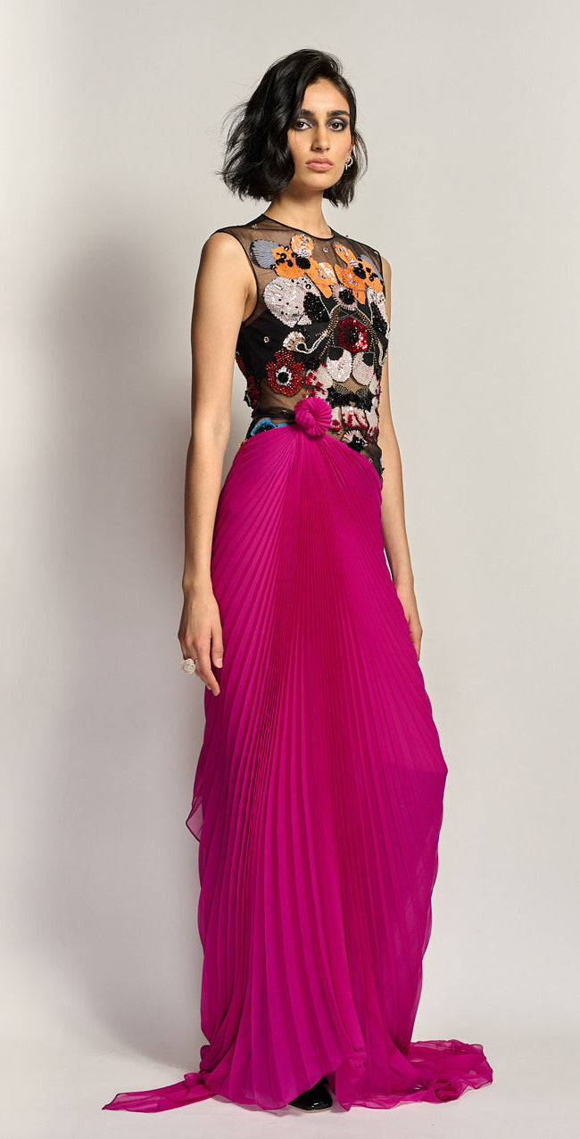 Amaryllis Embroidered Tulle and Silk Pleated Chiffon Gown