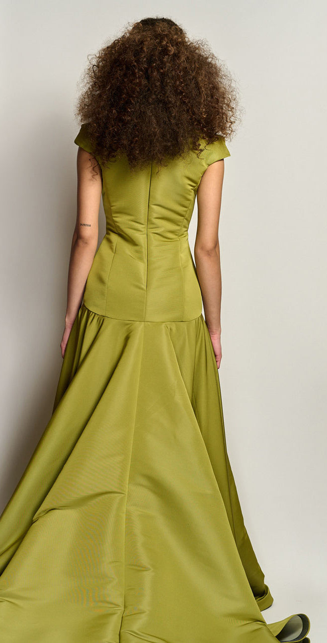 Olive Green Ball Gown with Draped Shoulder and Front Slit Detail