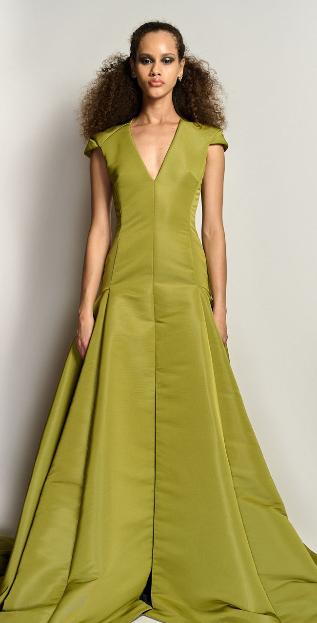 Olive Green Ball Gown with Draped Shoulder and Front Slit Detail