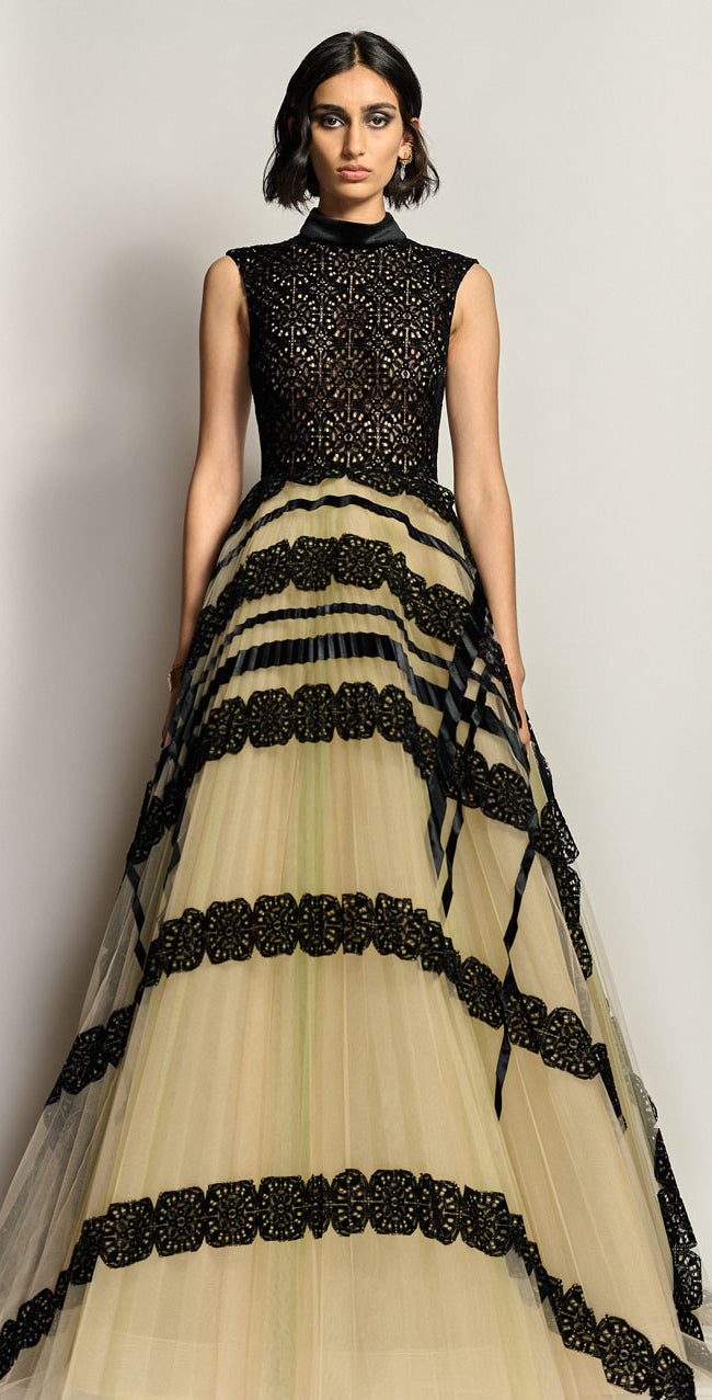 Velvet and Flocked Lace Gown with Pleated Tulle Appliqué Skirt