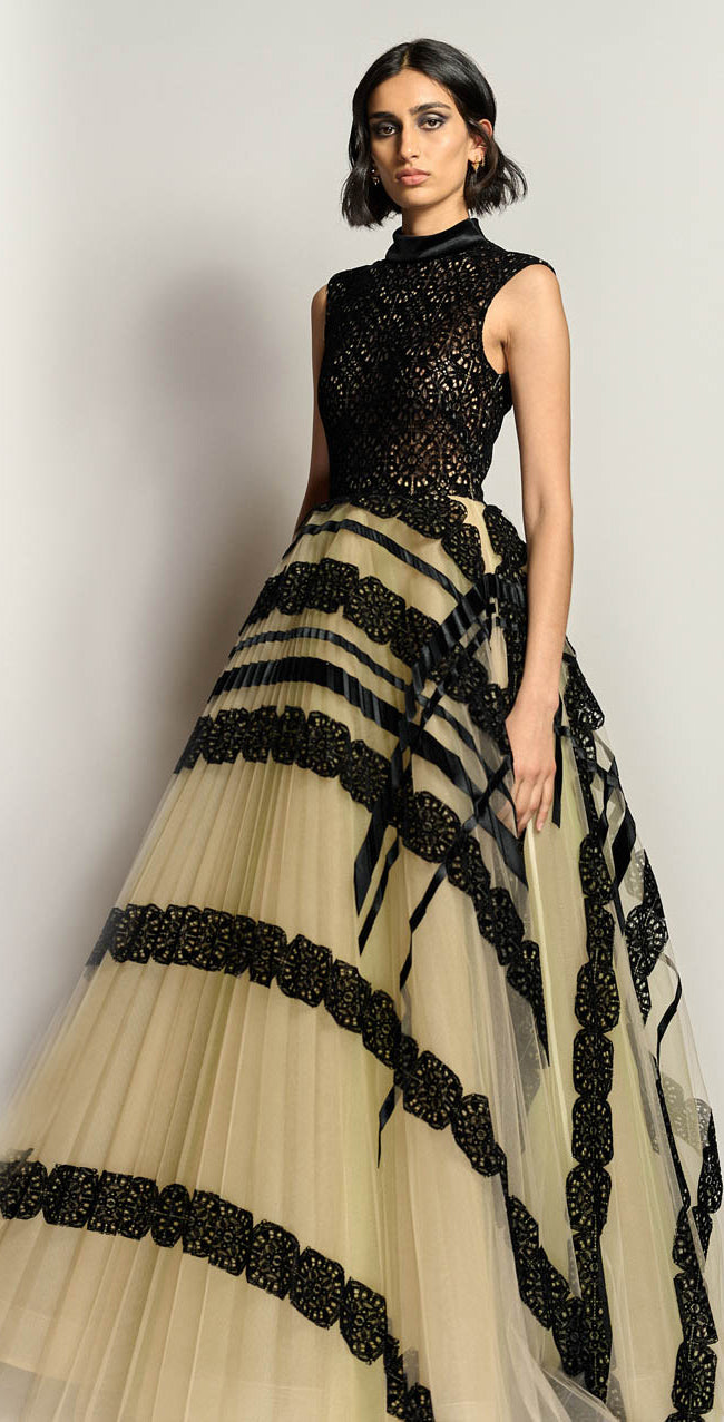 Velvet and Flocked Lace Gown with Pleated Tulle Appliqué Skirt