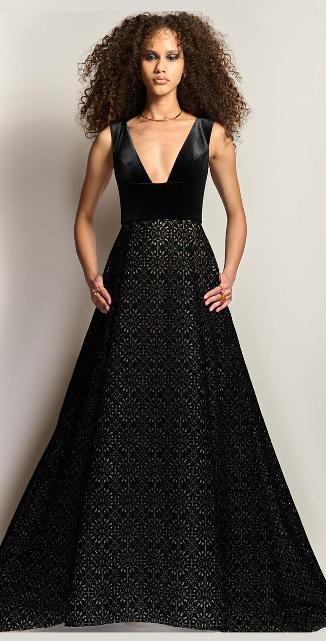 Velvet and Flocked Lace Ball Gown with Pockets