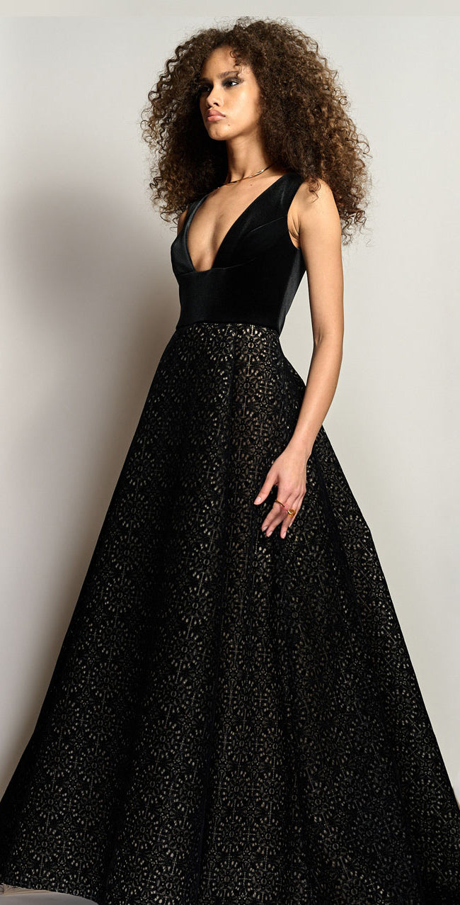 Velvet and Flocked Lace Ball Gown with Pockets
