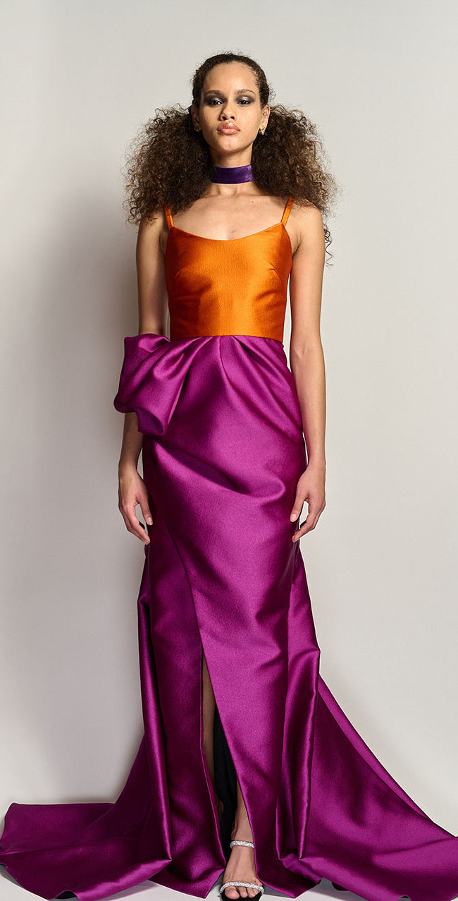 Color Block Pebbled Barathea Gown With Petal Draped Skirt