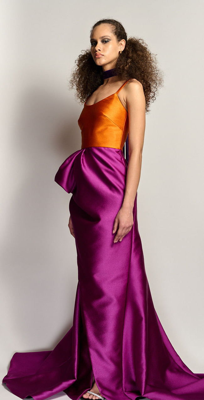 Color Block Pebbled Barathea Gown With Petal Draped Skirt