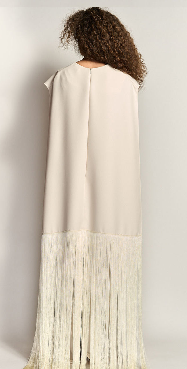 Ivory Cady Gown with Fringed Cape and Plunging Neckline