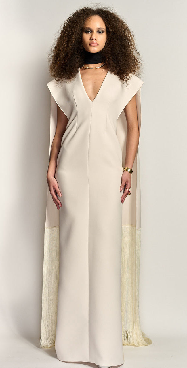 Ivory Cady Gown with Fringed Cape and Plunging Neckline