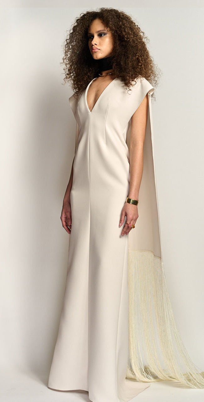 Ivory Cady Gown with Fringed Cape and Plunging Neckline