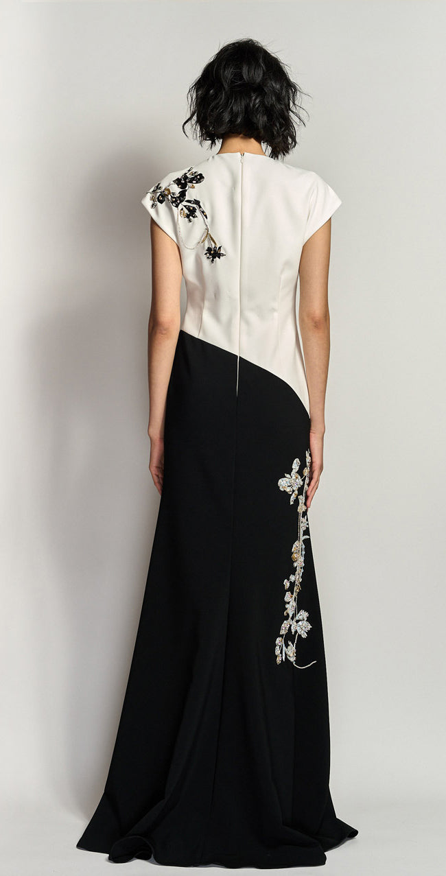 Ivory and Onyx Crepe Gown with Crystal Iris Vine Embroidery