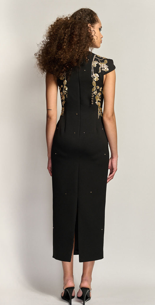 Onyx Cady Dress with Crystal Iris Vine Embroidery