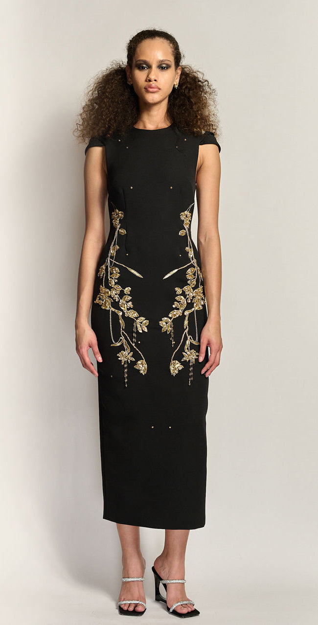 Onyx Cady Dress with Crystal Iris Vine Embroidery