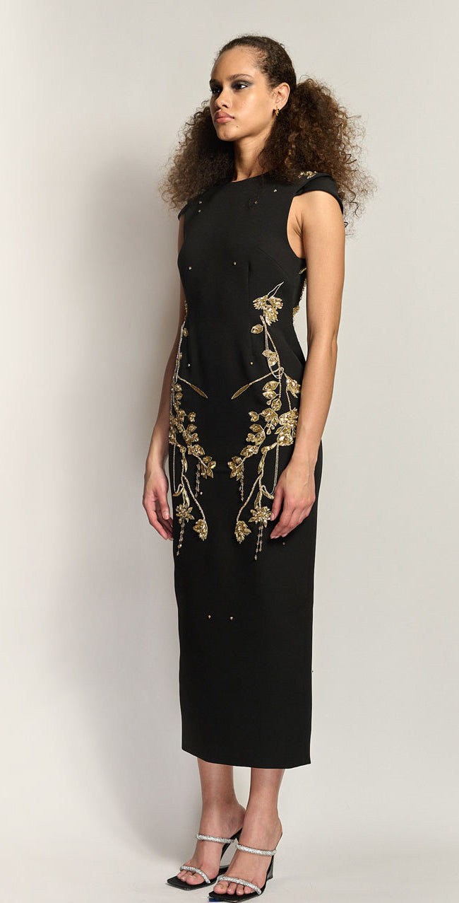 Onyx Cady Dress with Crystal Iris Vine Embroidery