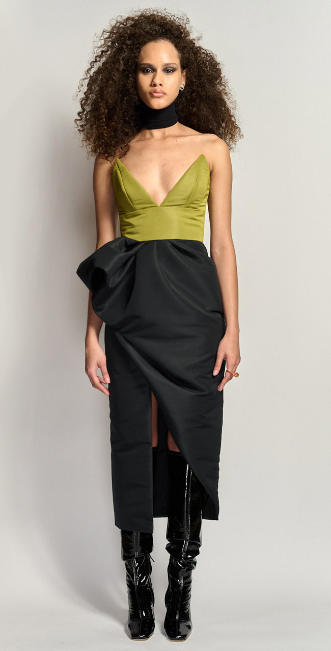 Color Block Faille Cocktail Dress With Petal Draped Skirt And Plunging Neckline