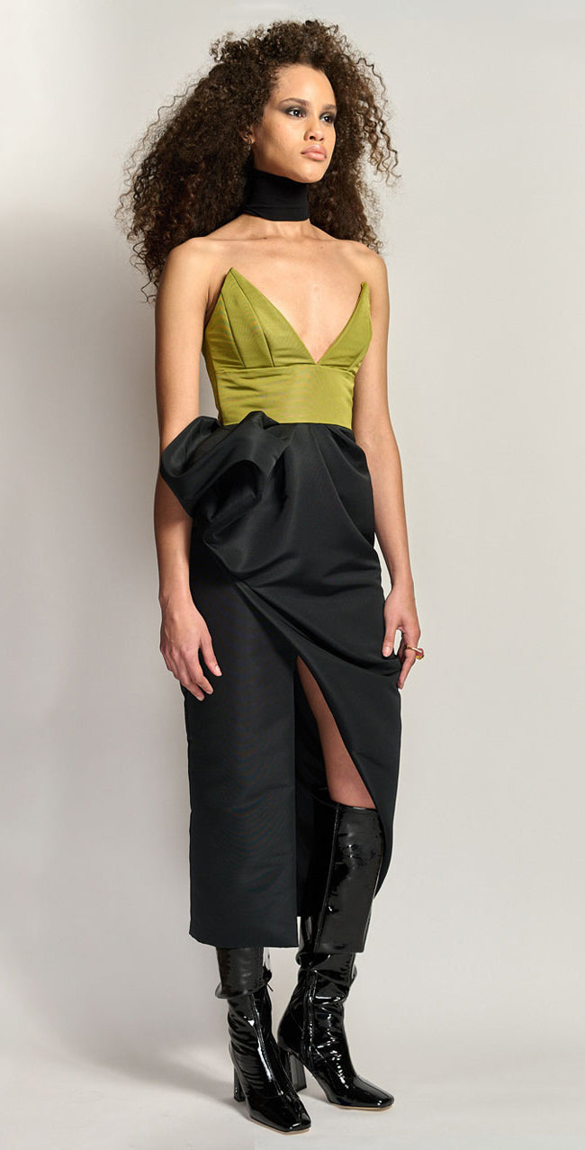Color Block Faille Cocktail Dress With Petal Draped Skirt And Plunging Neckline