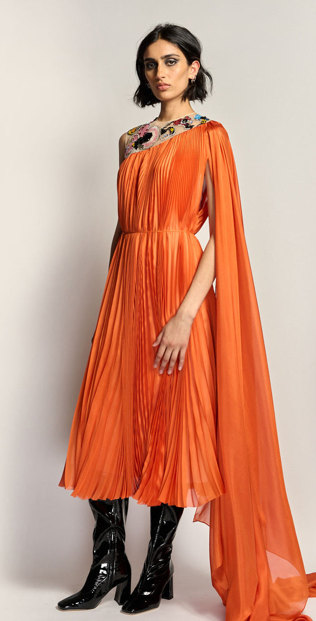 Amaryllis Embroidered Silk Chiffon Pleated Cocktail Dress with Cape Detail and Self Belt