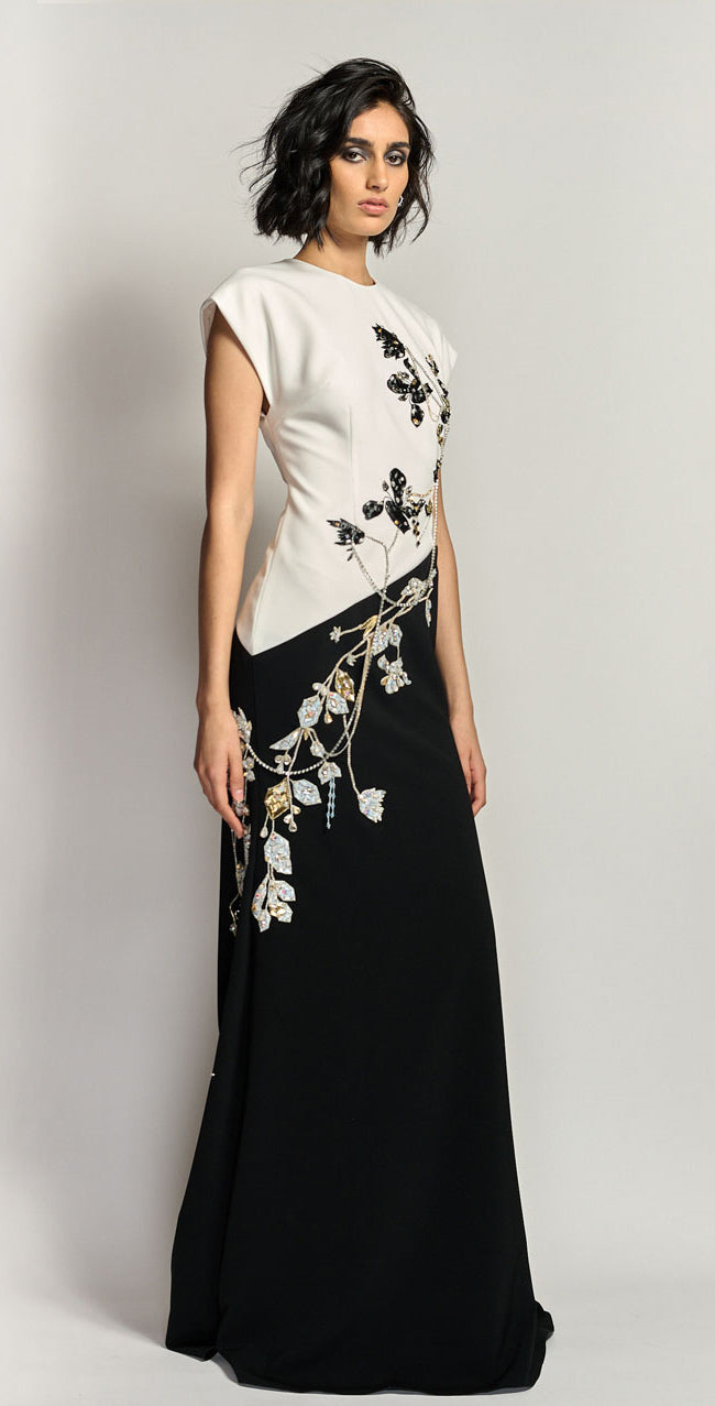 Ivory and Onyx Crepe Gown with Crystal Iris Vine Embroidery