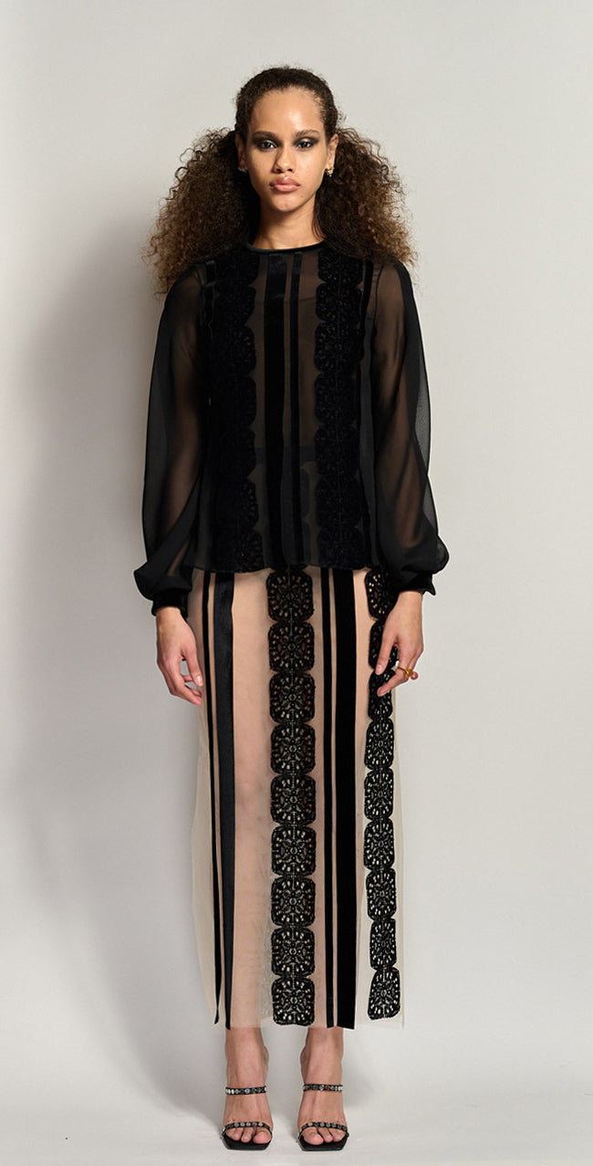 Silk Chiffon Blouse with Flocked Lace Trims and Velvet Appliqué