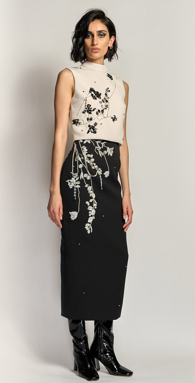 Onyx Cady and Faille Skirt with Crystal Iris Vine Embroidery