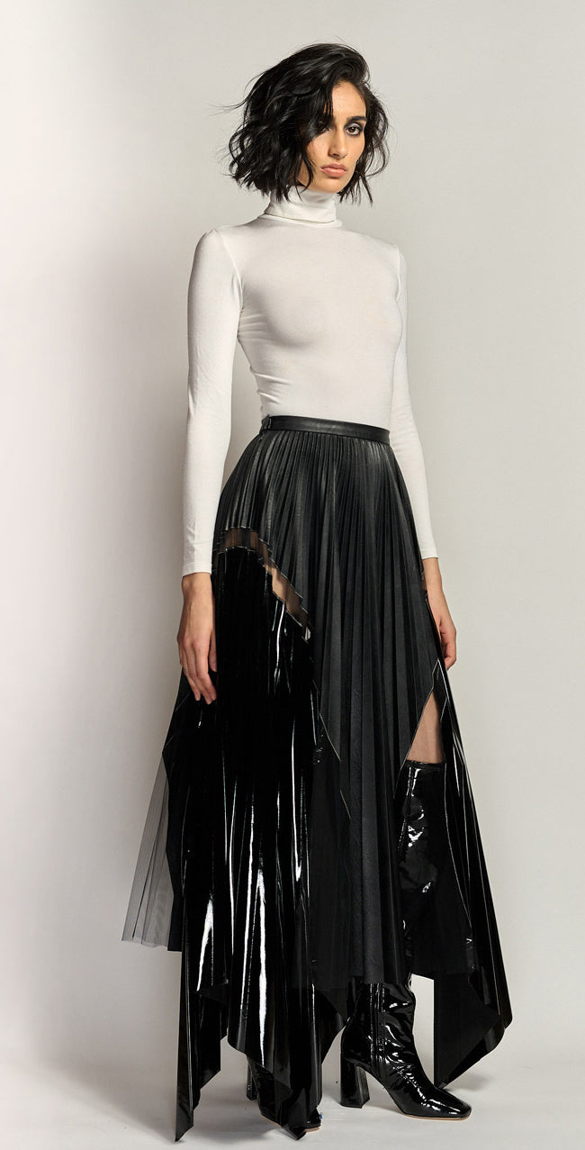 Onyx Vegan Leather, Patent and Tulle Pleated Skirt