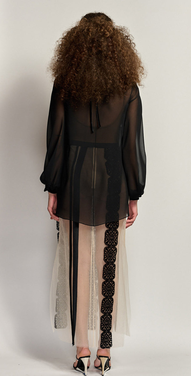 Silk Chiffon Blouse with Flocked Lace Trims and Velvet Appliqué