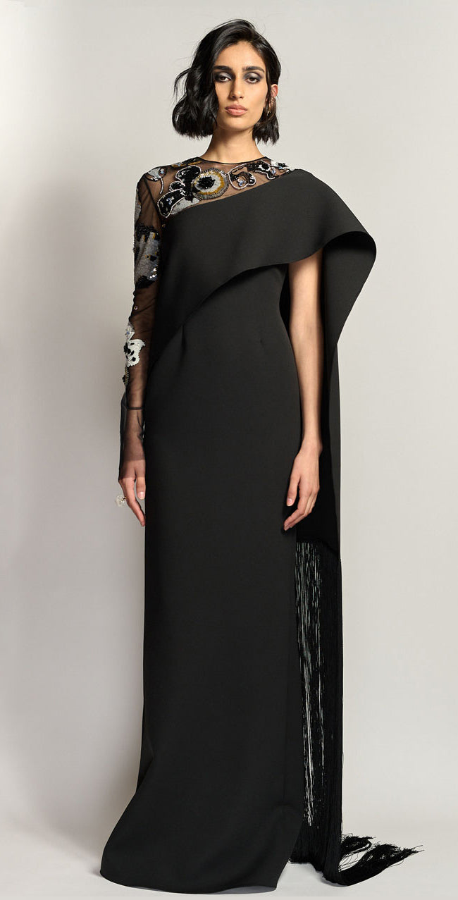 Onyx Cady Sari Dress with Amaryllis Embroidery and Fringe Detail